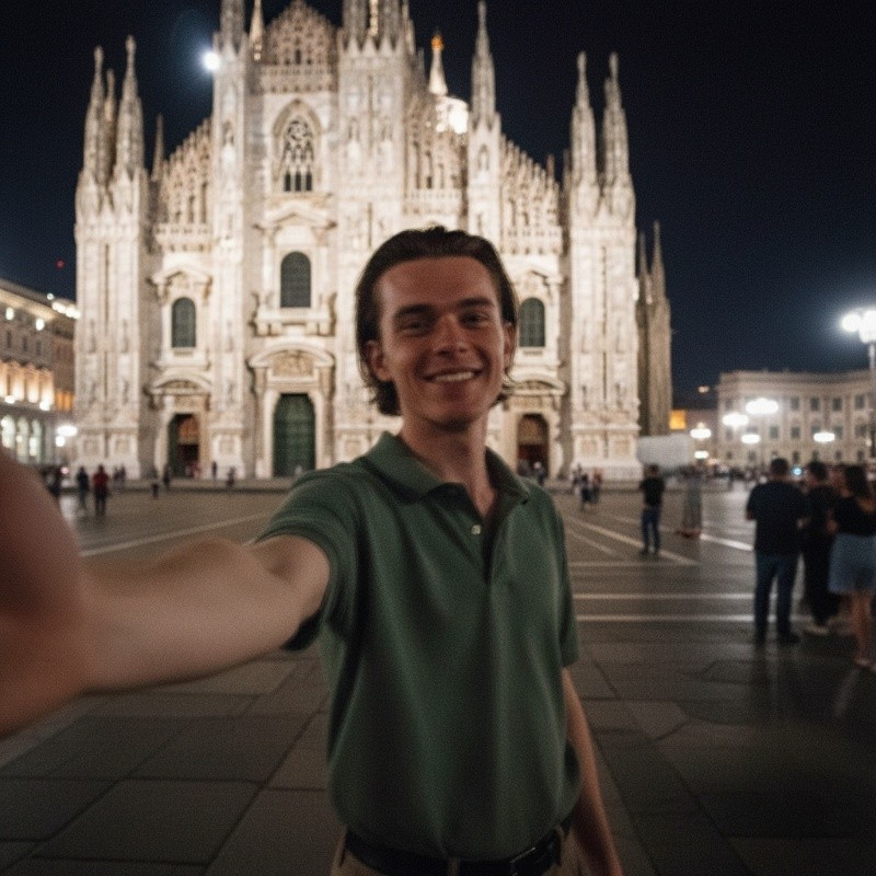 Selfie à noite na Catedral de Milão