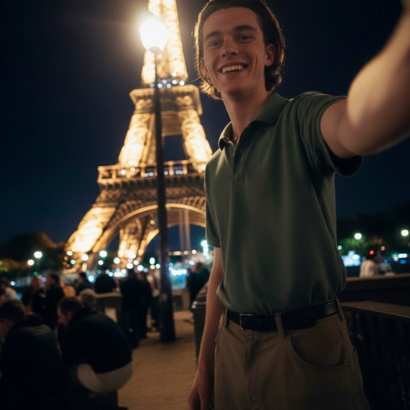 Selfie à noite na Torre Eiffel