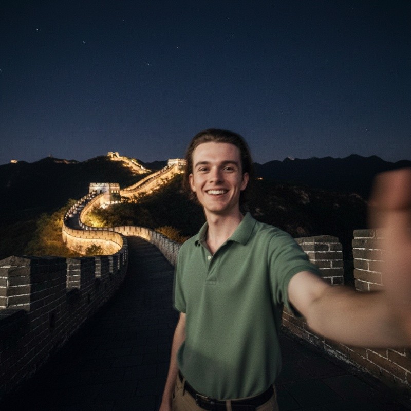 Selfie à noite na Muralha da China