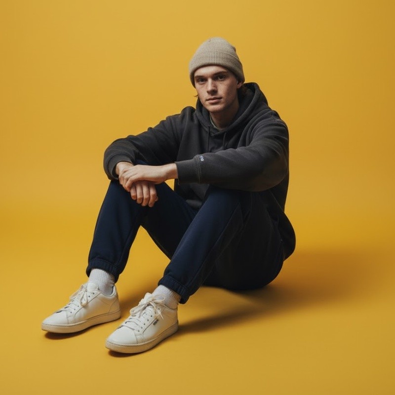 Foto em estúdio com fundo amarelo
